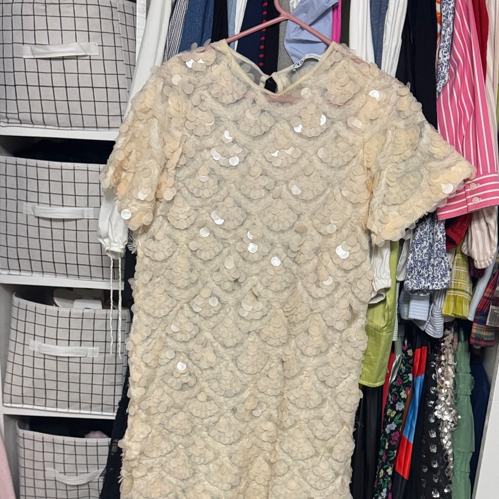 Zara Cream Sequin Scallop Party Dress